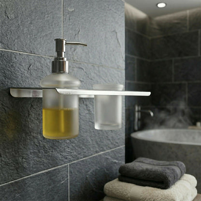 Premium Stainless Steel Wall Mounted Bathroom Shelf with Soap Dispenser & Toothbrush Holder