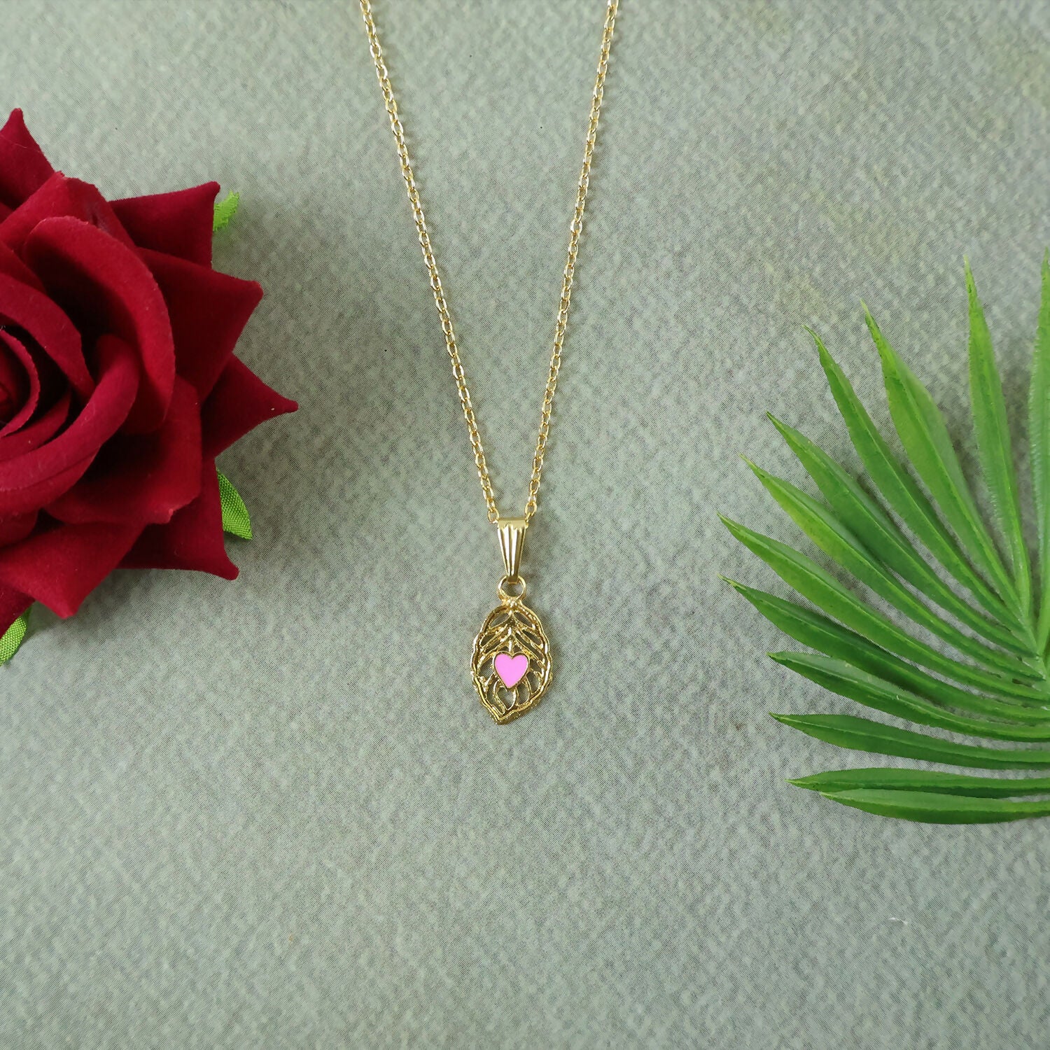 Elegant Heart Leaf Gold Pendant Necklaces with Enamel Detail