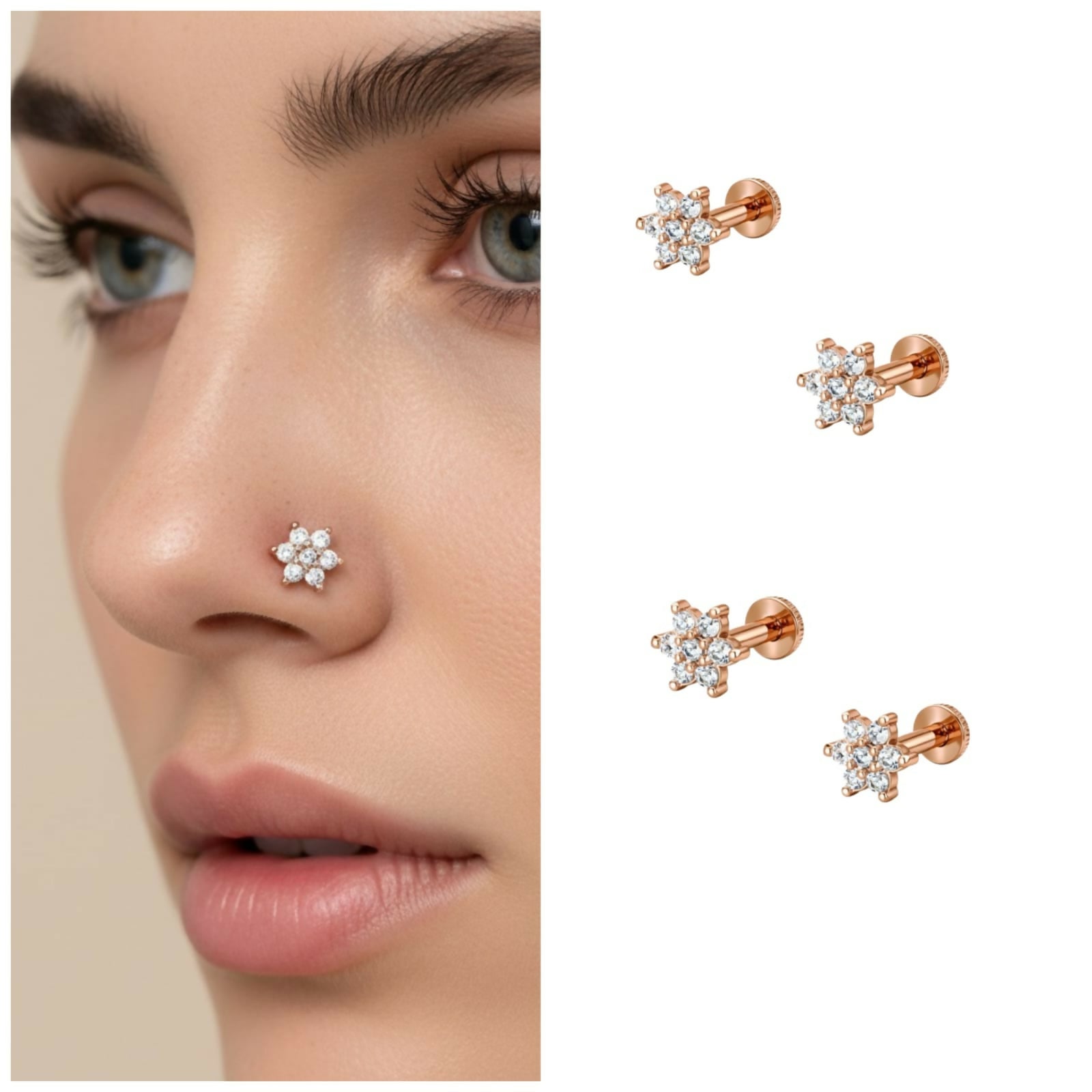 Close-up of rose gold plated crystal flower labret nosepin showing delicate seven-crystal design