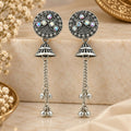 Oxidised Silver-Look Circular Stone-Studded Long Chain Jhumka Earrings