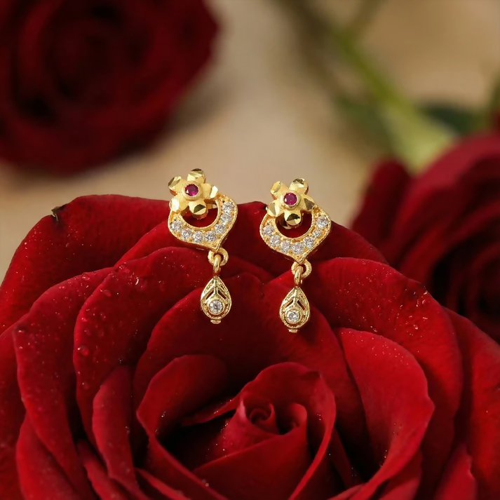 Elegant Gold Plated Stud Earrings with Ruby Accent & Drop Design