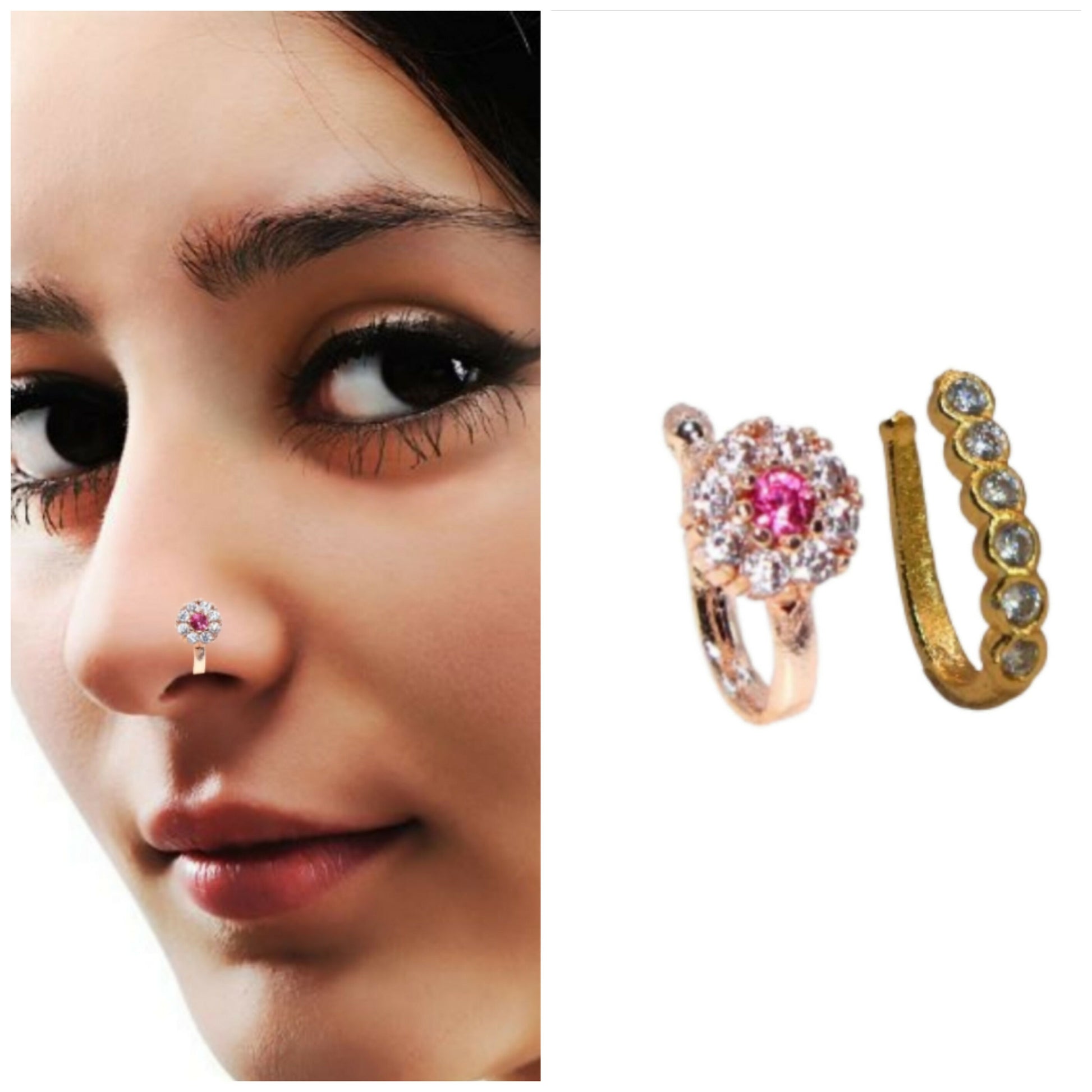2Pc Gold Rose Gold AD Non-Piercing Nose Ring & Side Cuff Set
