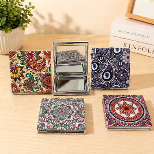 Compact folding pocket makeup mirror with designer printed cover