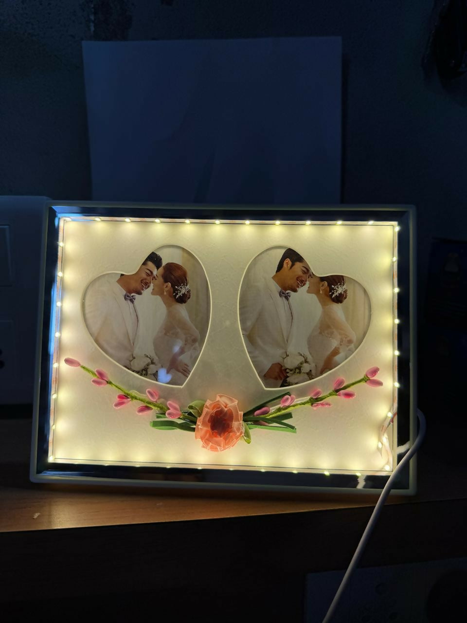 Romantic Dual Heart-Shape LED Light Photo Frame for Couple | Decorative Floral Wedding & Anniversary Picture Frame | USB Powered Warm Light Love Frame for Bedroom, Living Room & Gifting | Premium Couple Photo Display for Home Décor
