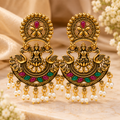 Traditional Gold-Tone Temple Jhumka Earrings with Multicolor Stones & Pearl Drops for Women