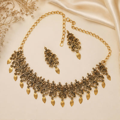 Antique Gold Tone Traditional Necklace & Earrings Set for Women Ethnic Jewelry Wear