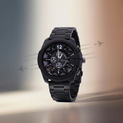 Close-up of black watch metal strap and clasp