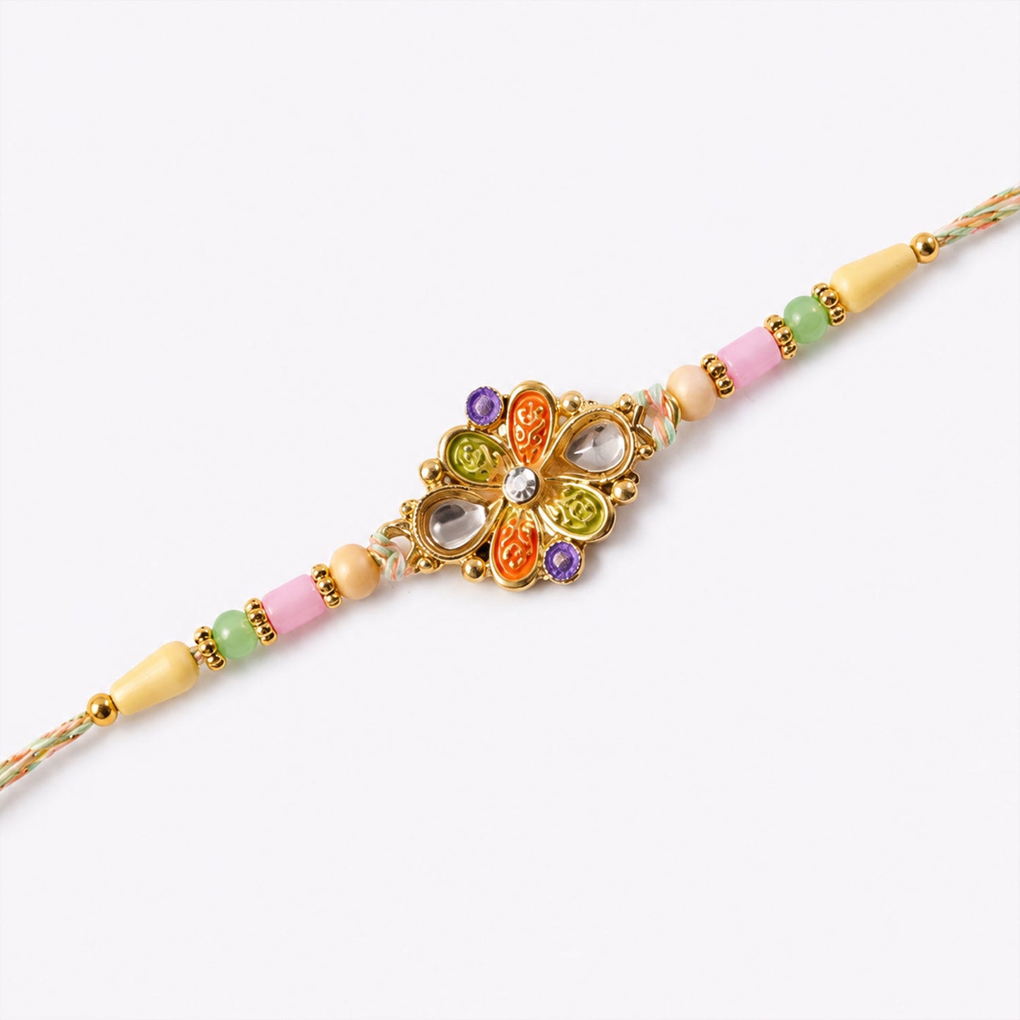 Orange and Green Enamel Flower Pendant Rakhi with Kundan Teardrop Stones