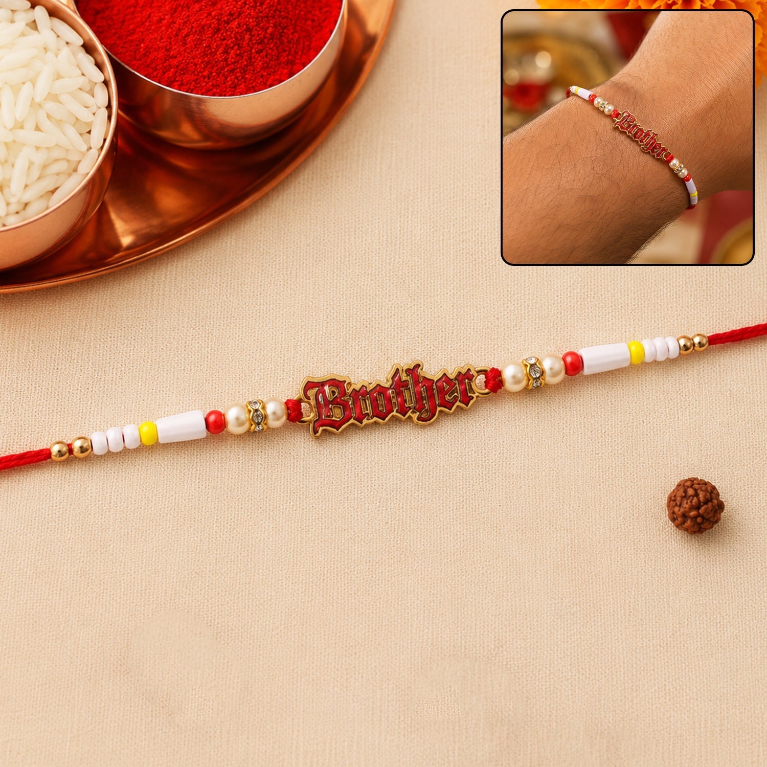 Text Charm Pearl Beads Rakhi Elegant Raksha Bandhan Gift (10pcs)