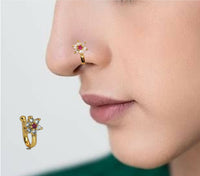 Gold-Plated Floral Nose Ring with Red & White Stones – Traditional Indian Nath for Women
