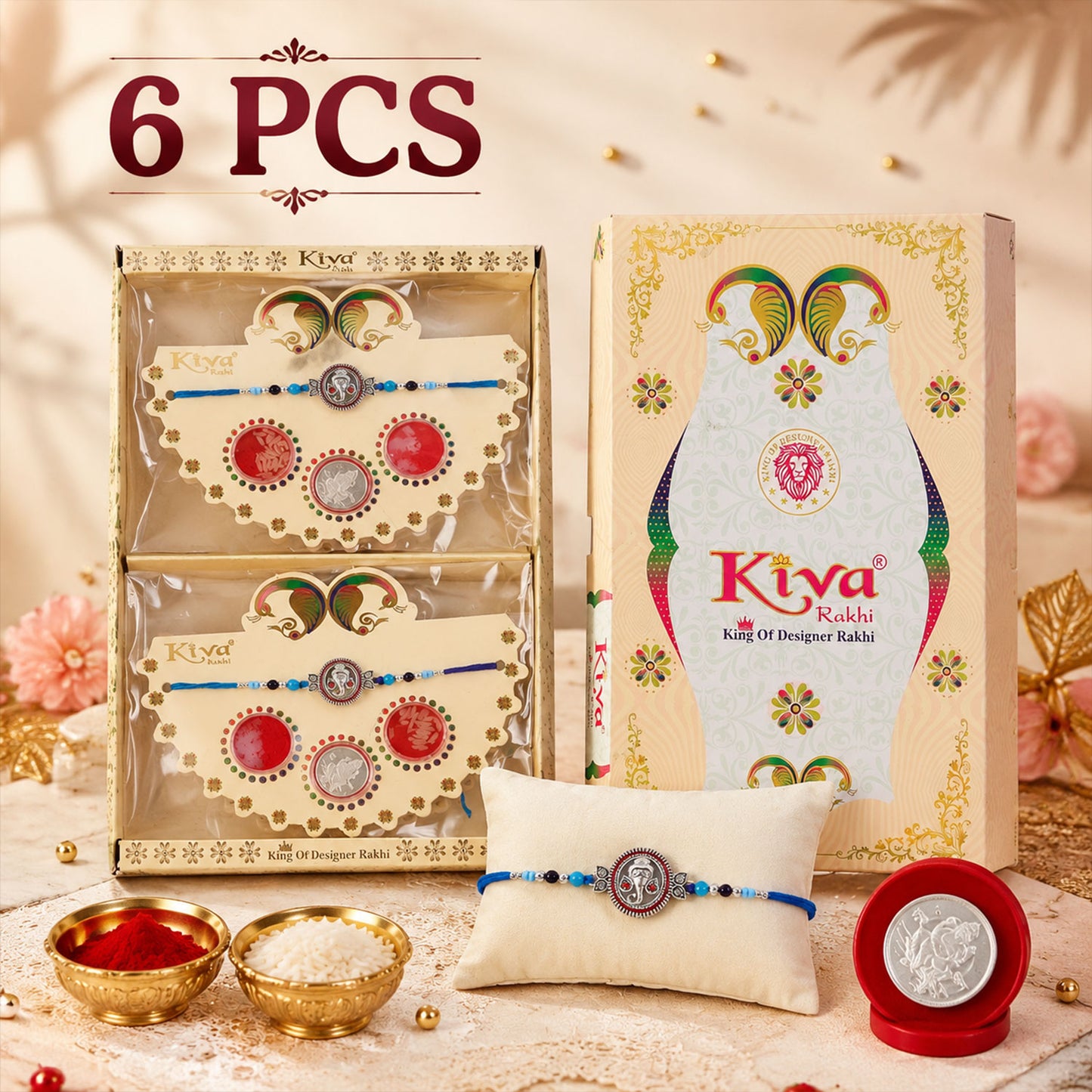 Round Ganesha Medallion Rakhi with Blue Thread, Roli Chawal Coin and Peacock Card Packing