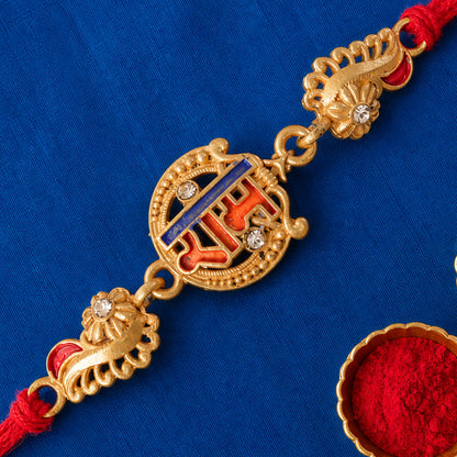 Gold-Toned Ram Rakhi with Orange-Blue Enamel, Crystal Accents & Red Thread