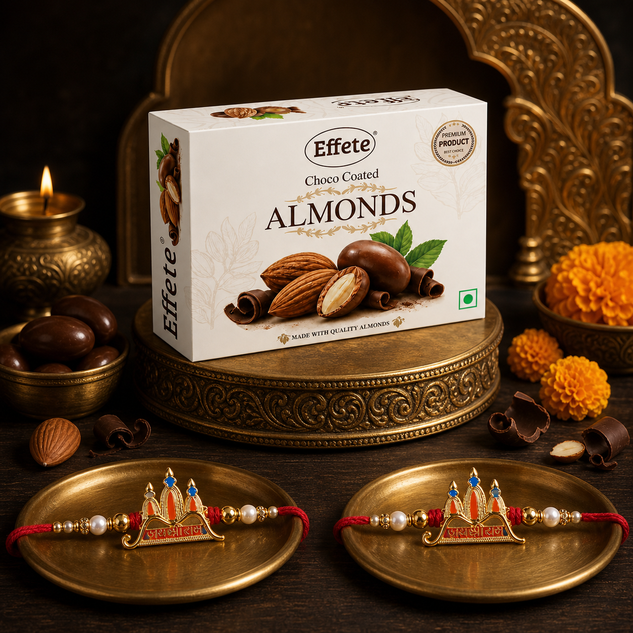Jai Shri Ram Temple Rakhi with Chocolate Almonds, Pack of 2
