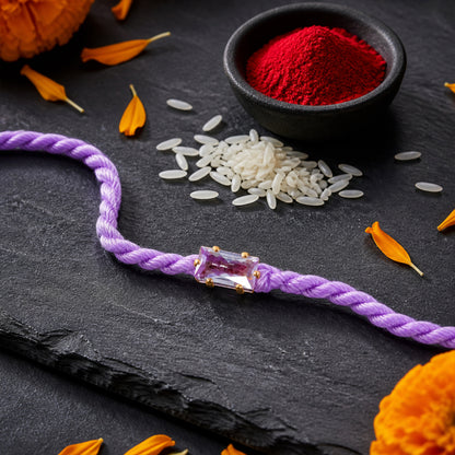 Purple Twisted Cord Rakhi with Rectangular Crystal Stone Pendant