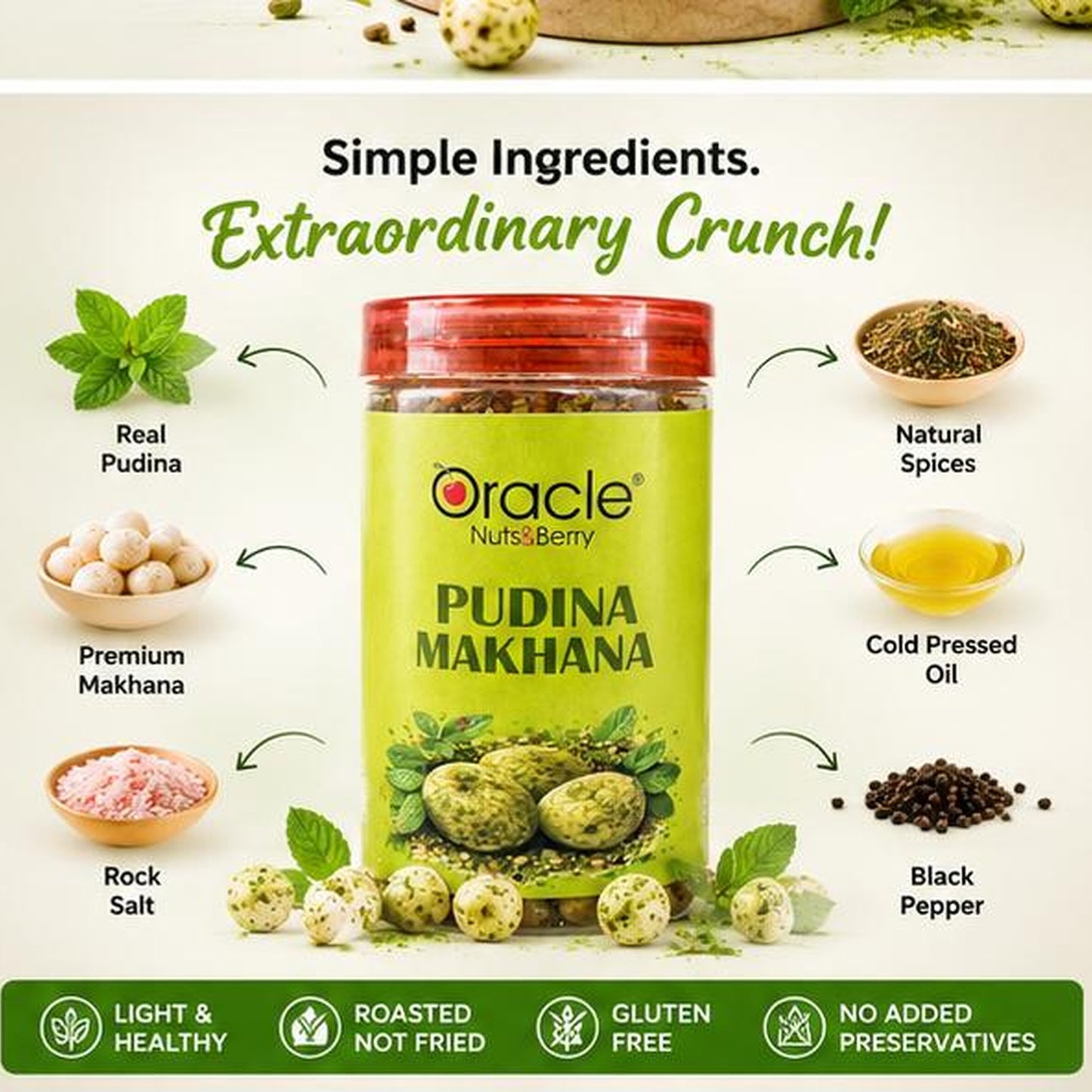Pack of Oracle Pudina Makhana highlighting healthy roasted snack
