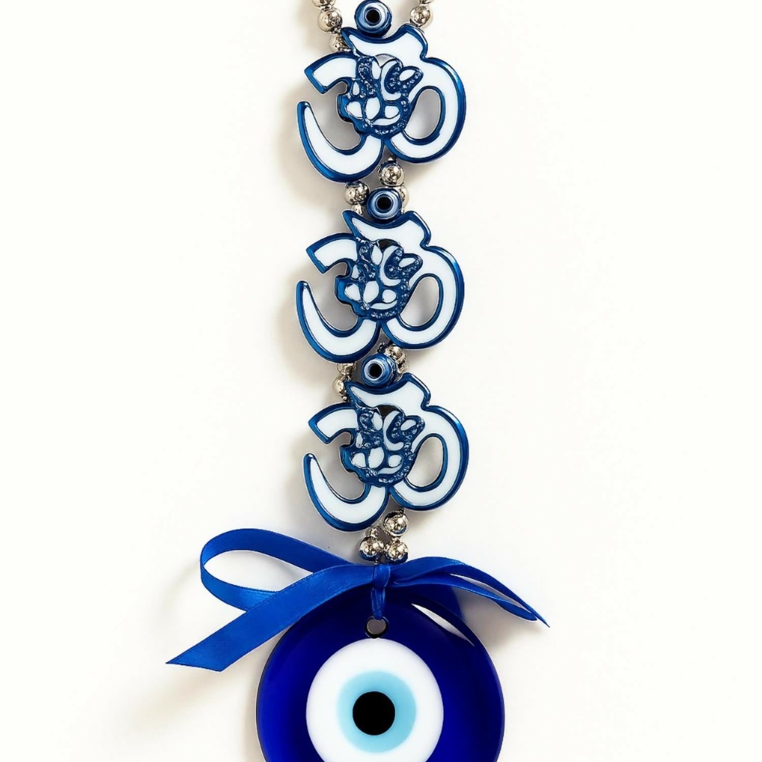 Spiritual Evil Eye Wall Hanging with Om Symbol and Blue Nazar Protection Charm | Decorative Home & Office Wall Hanging with Beads & Ribbon Bow | Vastu & Feng Shui Good Luck Gift Item