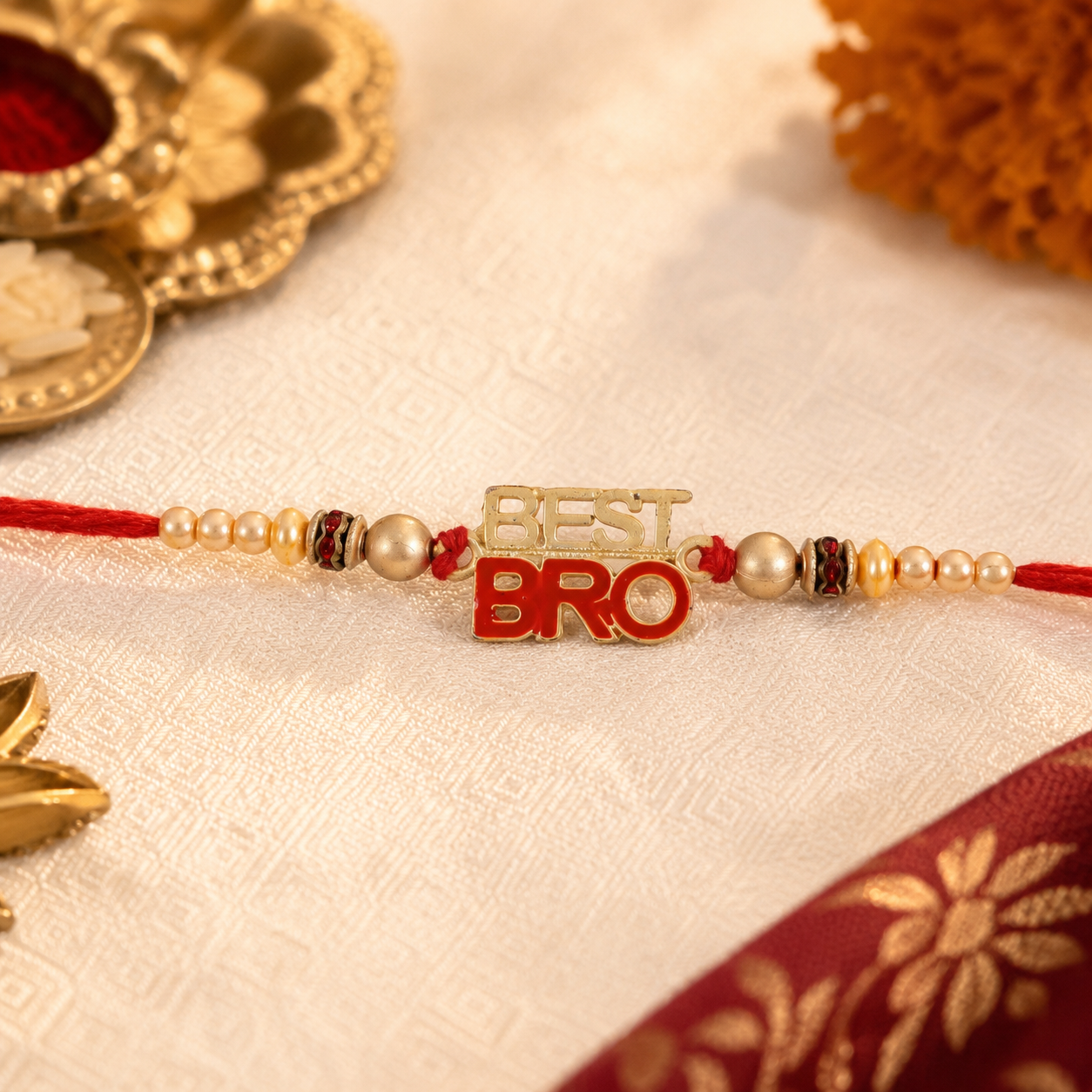Best Bro Text Rakhi with Gold Letters and Neat Pearl Beads