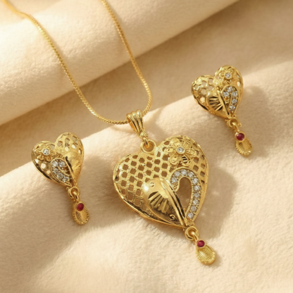 Heart Motif Gold Pendant and Earring Set Elegant Traditional Jewelry Set for Women