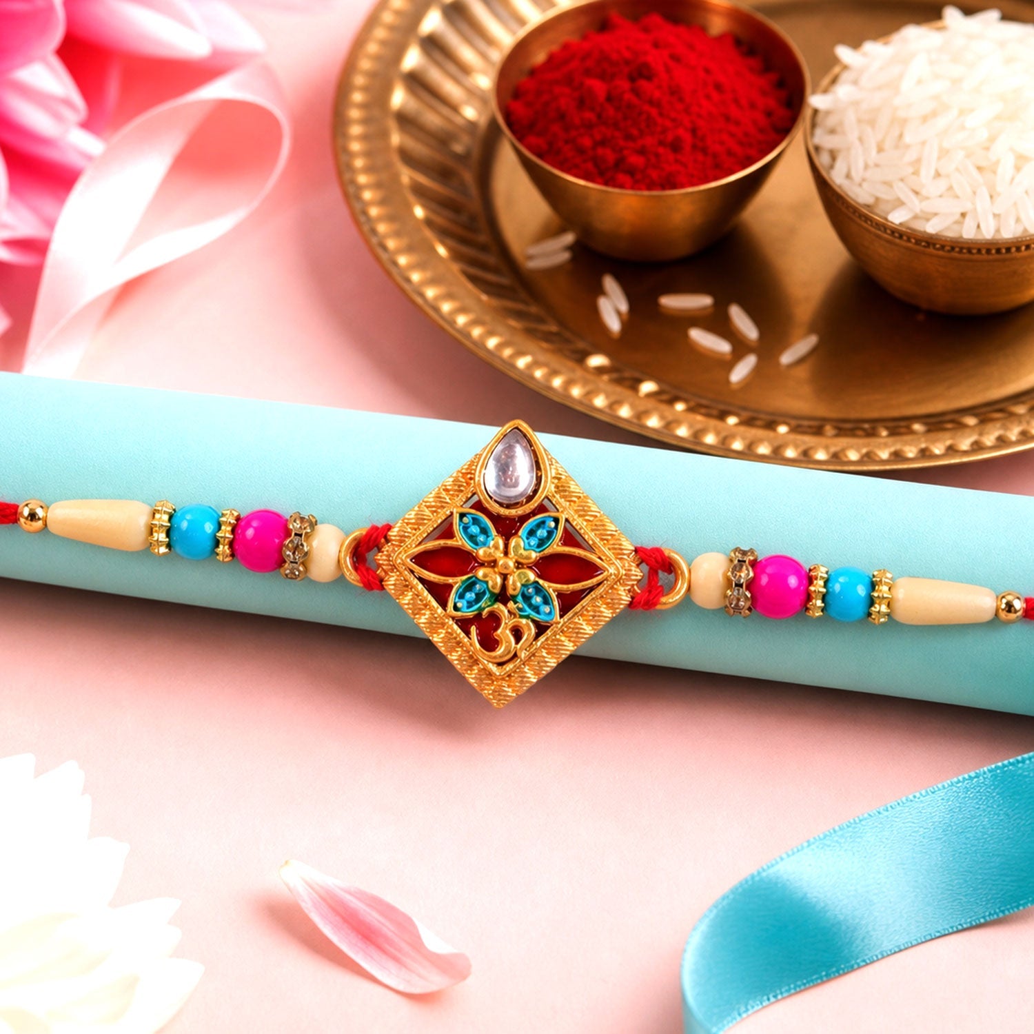 Diamond Shape Rakhi with Stone Embellishments and Beads (10pcs)
