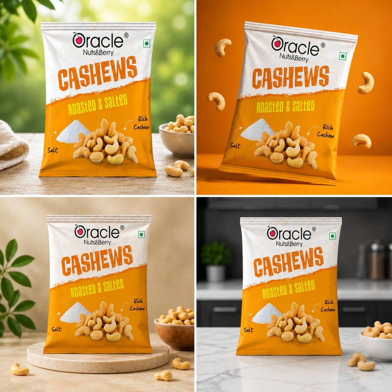 A table with roasted and salted cashew minis in convenient single-serve pouches, ideal for travel and office use.