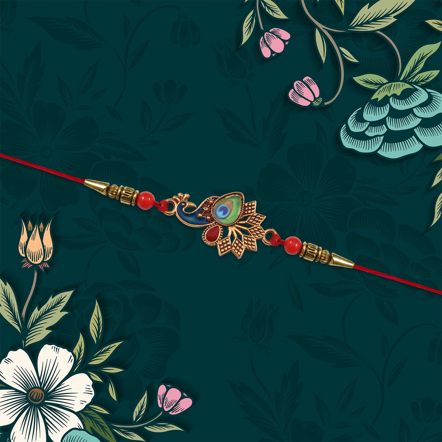 Peacock Rakhi, Vibrant Enamel & Beadwork Design (5pcs)