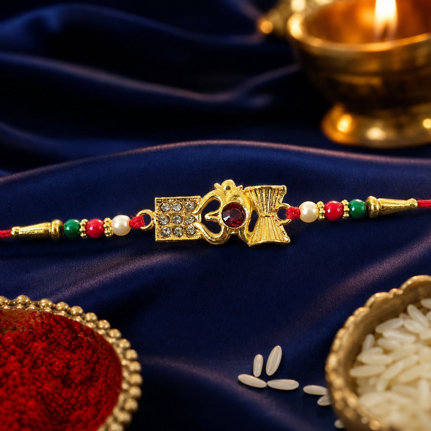 Designer Om Damaru Rakhi with Elegant Stone Pendant (5pcs)
