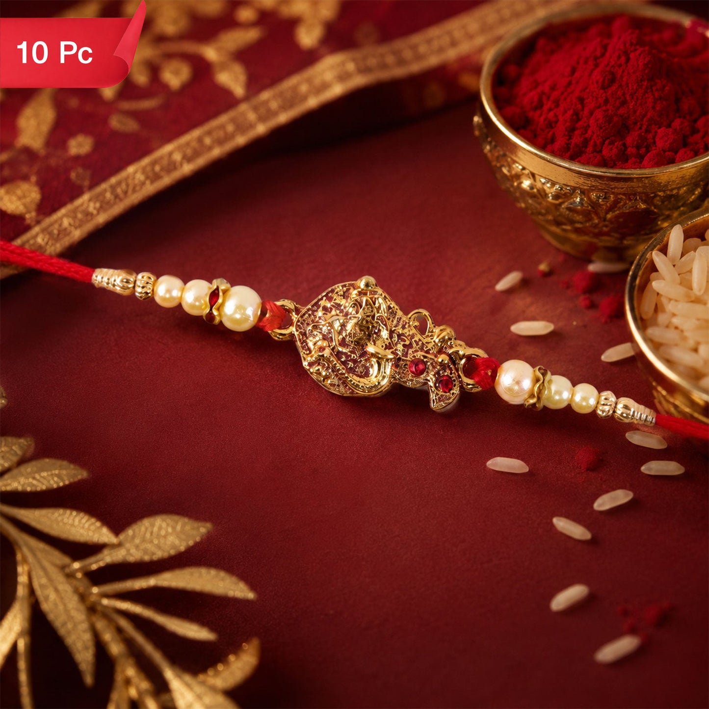Golden Peacock Rakhi Pearl Beads & Red Thread for Brother on Raksha Bandhan (10pcs)