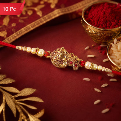Golden Peacock Rakhi Pearl Beads & Red Thread for Brother on Raksha Bandhan (10pcs)