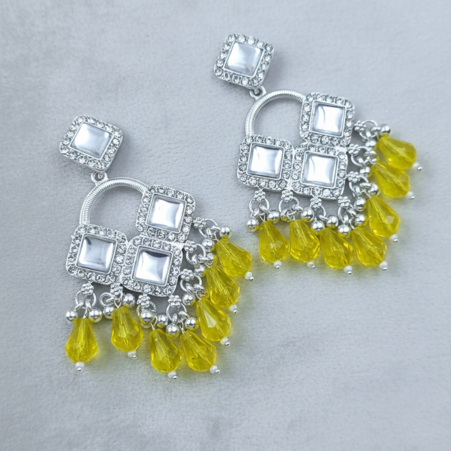 Elegant Silver Plated Chandelier Earrings Featuring Square Crystals and Yellow Teardrop Beads