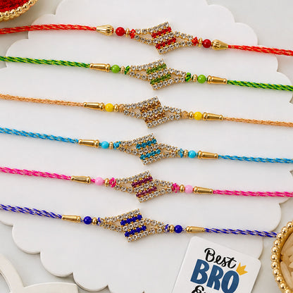Layered Diamond Motif Rakhi in Mix Colour Threads (Pack of 6)