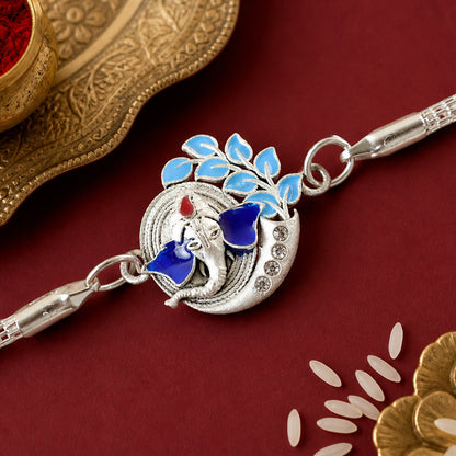 Ganesh Leaf Enamel Crescent Studded Silver Chain Designer Rakhi