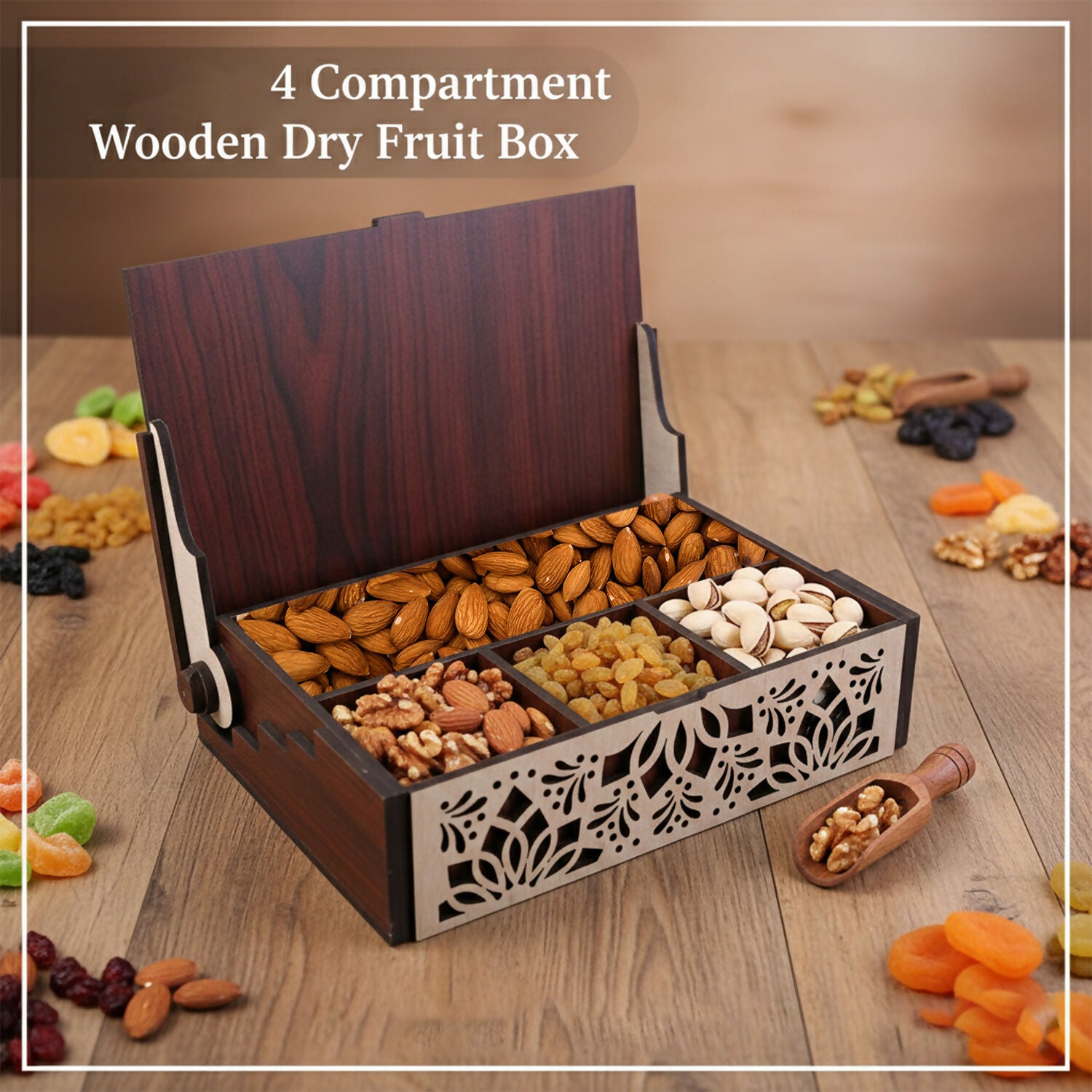 Close-up of laser cut floral pattern on wooden dry fruit box lid