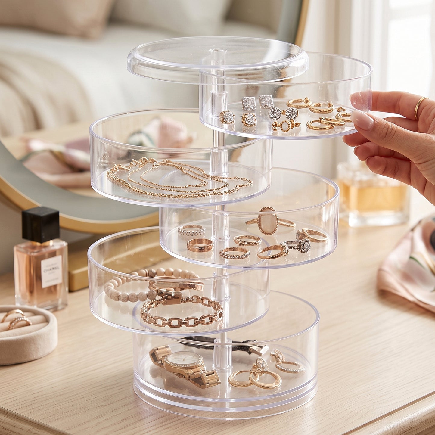 5 Layer Rotating Jewelry Storage Box Organizer for Rings Earrings Watches (1 Pc)