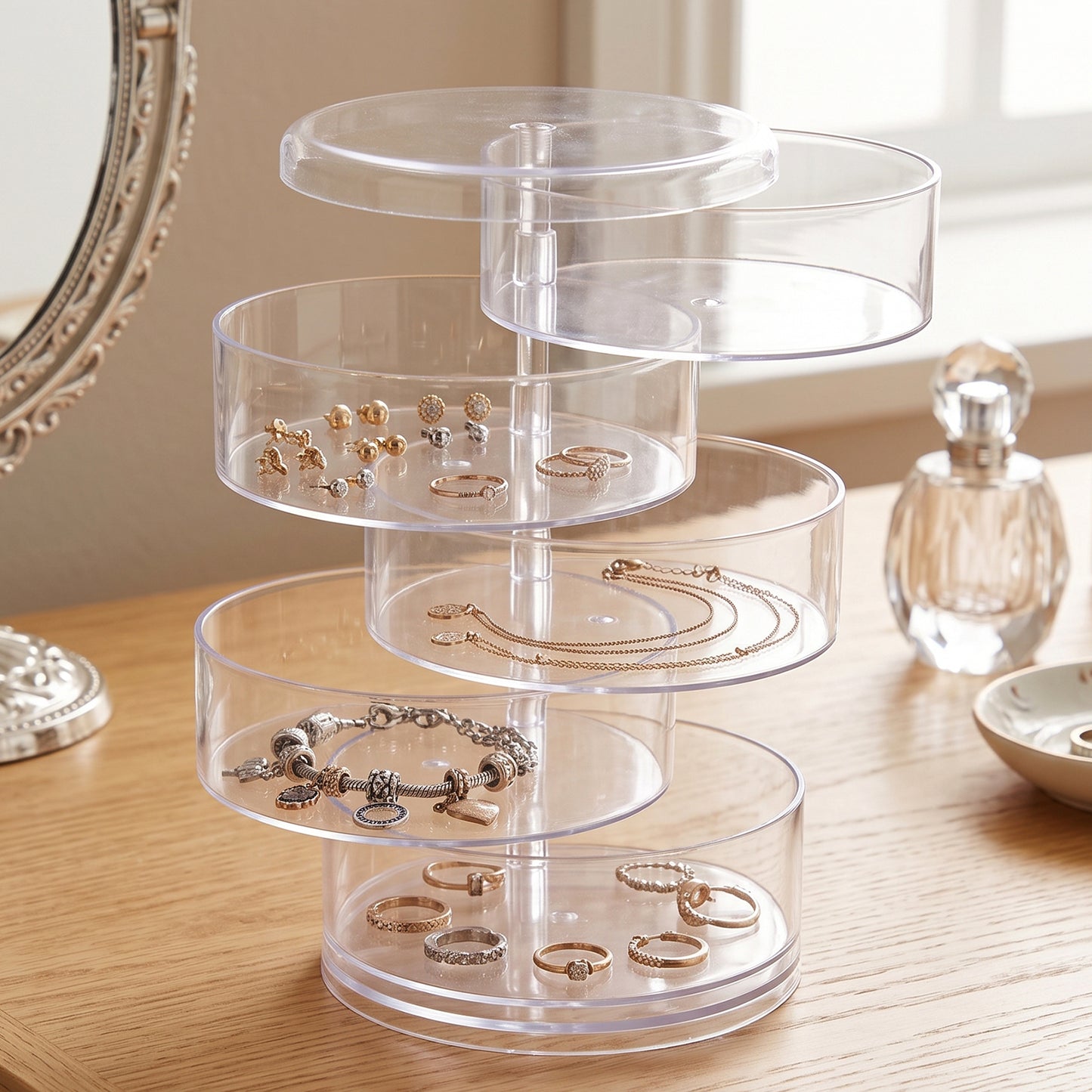5 Layer Rotating Jewelry Storage Box Organizer for Rings Earrings Watches (1 Pc)