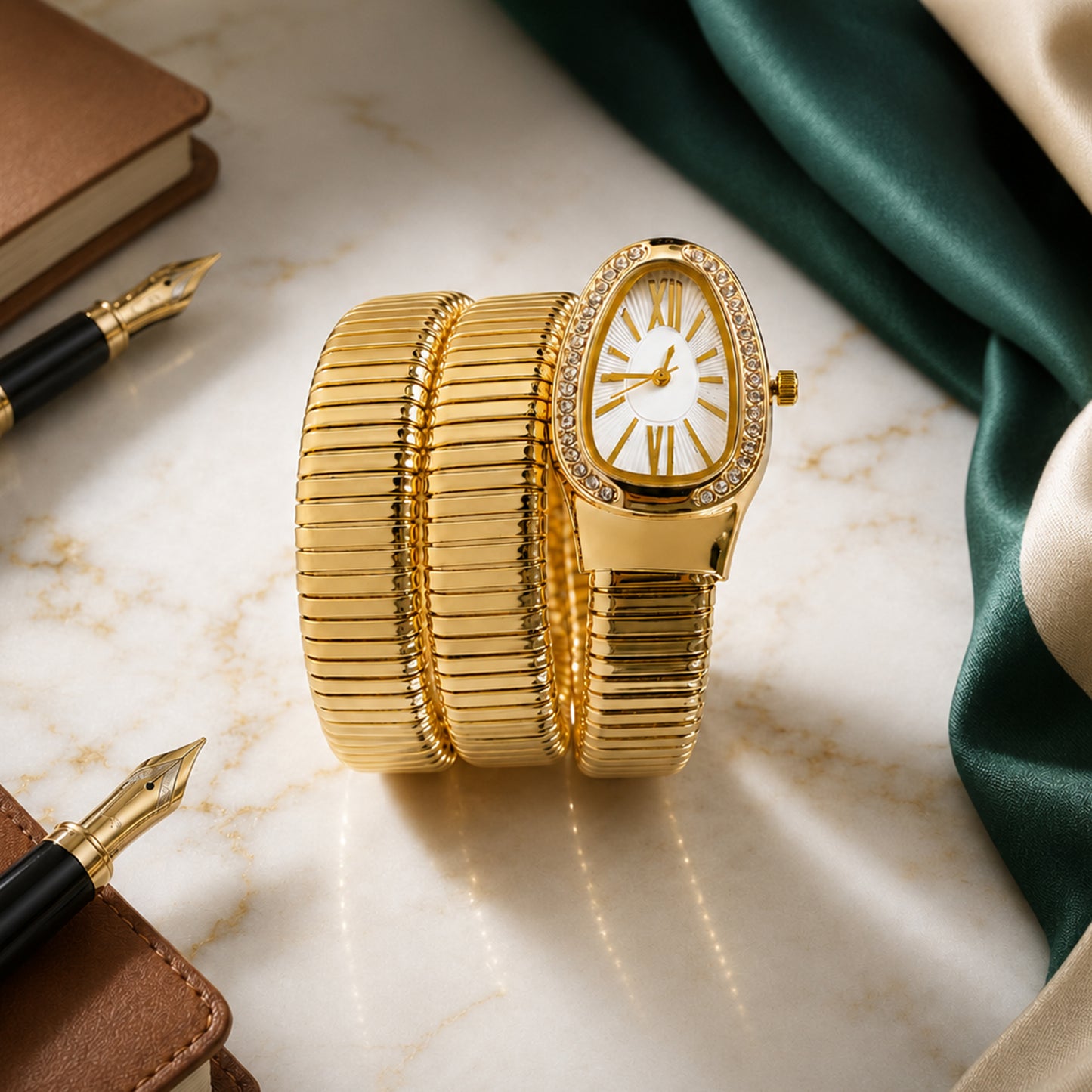 Golden Oval Snake Style Bracelet Watch with Crystal Border Dial for Women