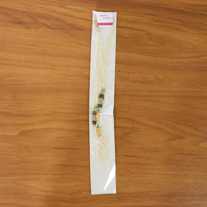 Elegant White Beaded Mala with Red & Green Traditional Design for Women