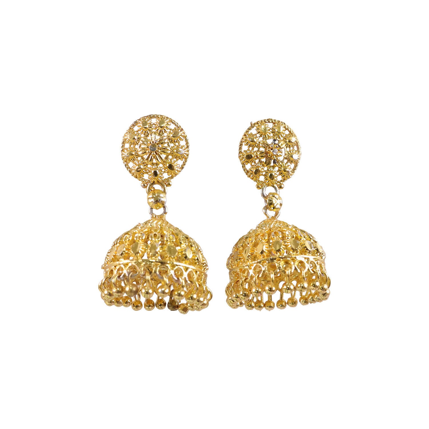 Pair of gold plated jhumka earrings with bead hangings