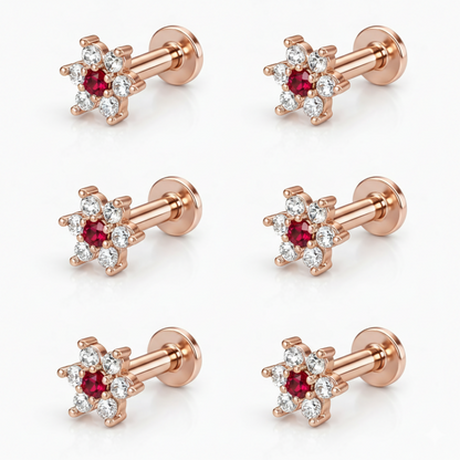Flat back screw-post design on rose gold ruby floral stud earring