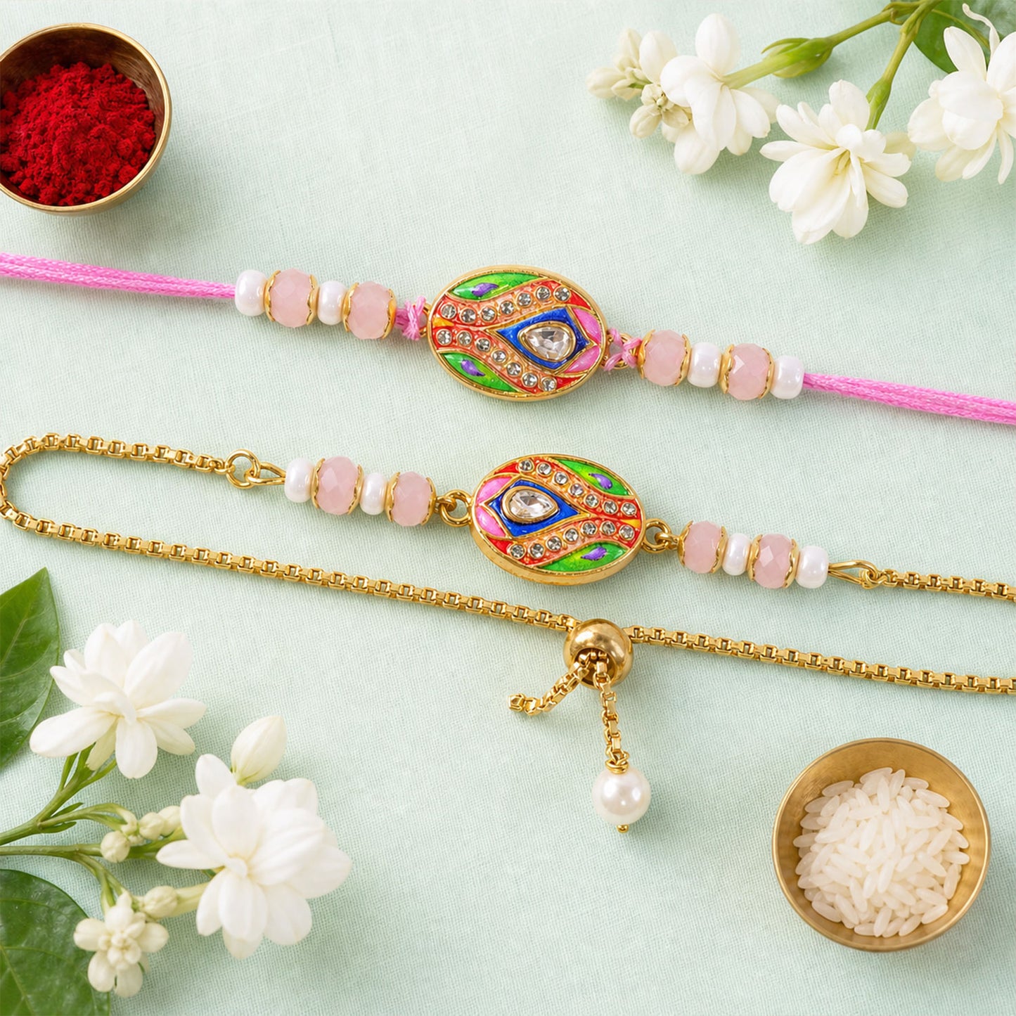 Oval Kundan Meenakari Studded Crystal Pearl Beads Bhai Bhabhi Rakhi Lumba