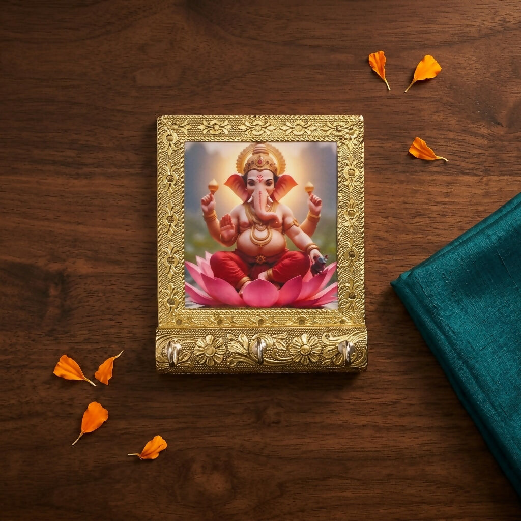 Lord Ganesha key holder wall hanging with hooks and floral embossed frame