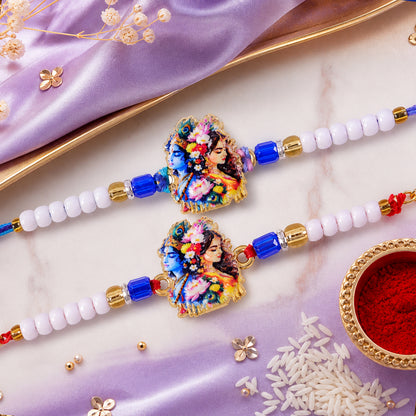 Radha Krishna Floral Art Printed Pearl Beads Bhai Bhabhi Rakhi Set