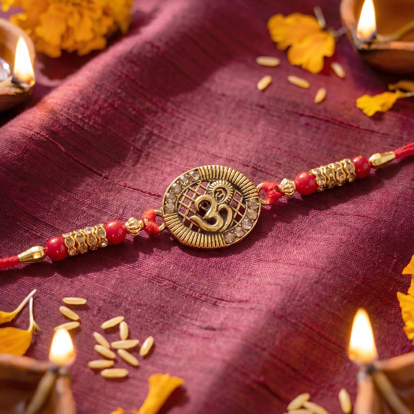 Antique Om Coin Rakhi with Rudraksha Beads and Red Thread