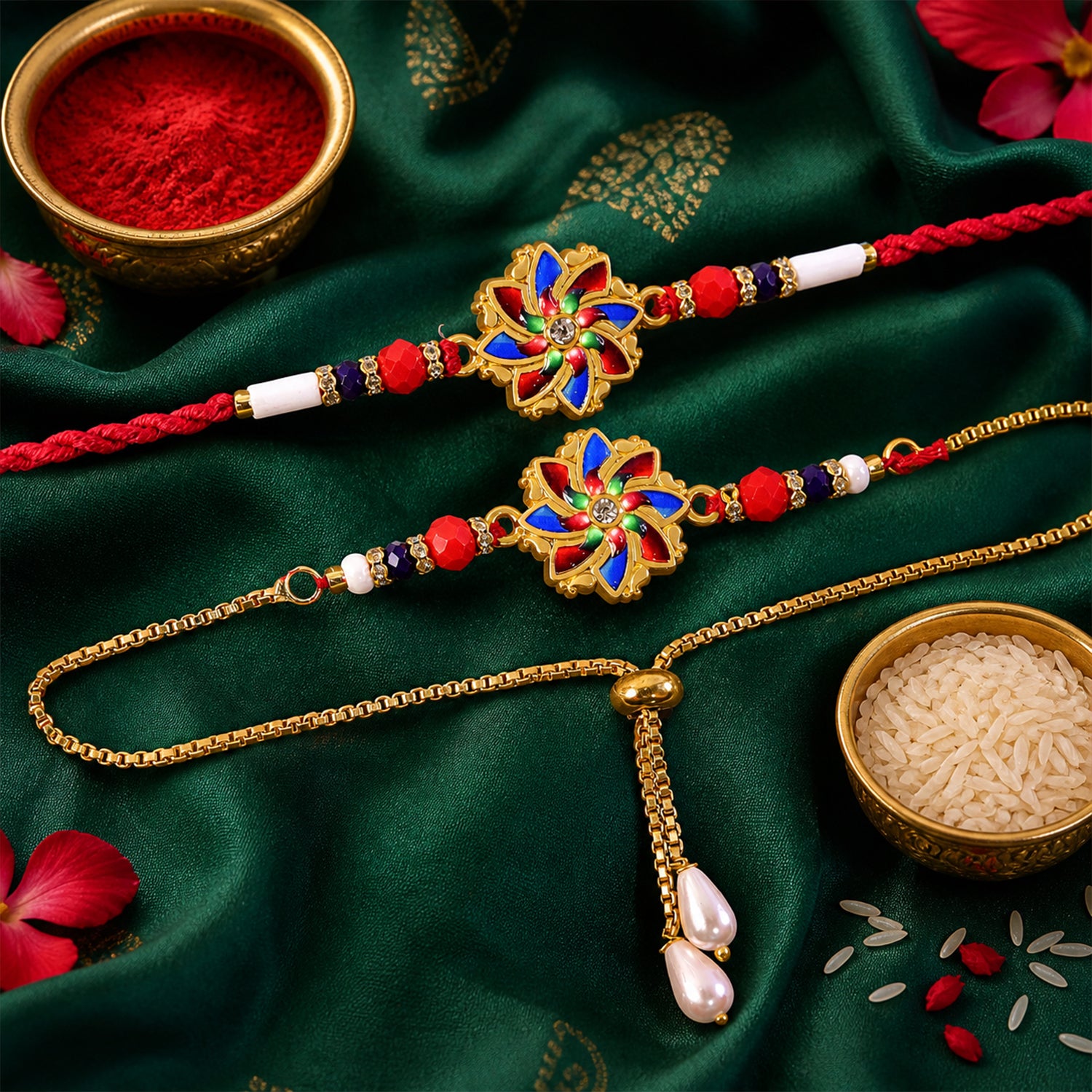 Pinwheel Floral Charm Bhai Bhabhi Lumba Rakhi with Pearl Drops