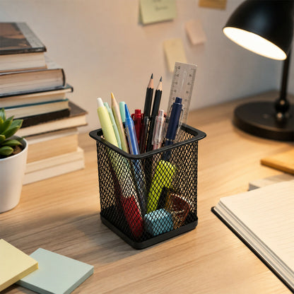 Close-up of pen stand showing mesh design
