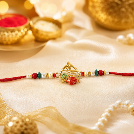 Golden Shri Krishna Dahi-Handi Frame Rakhi with Red Green Beads and Pearl Accents