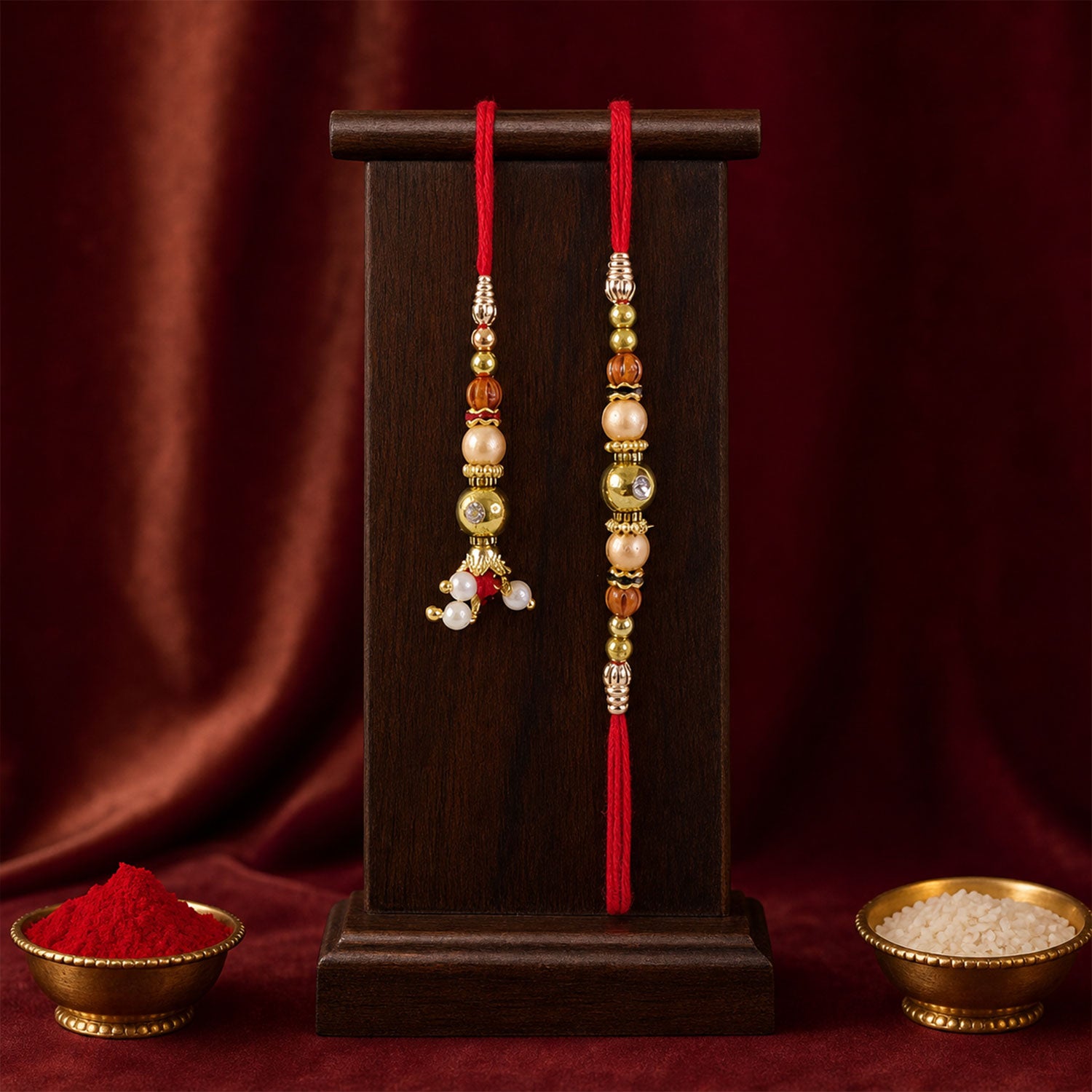 Couple Rakhi Hanging Pair with Pearl Drops, Gold Accents and Beaded Layers