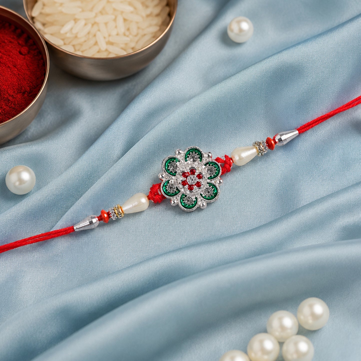 Green Flower Rakhi with Red Beads and Pearl Thread Styling