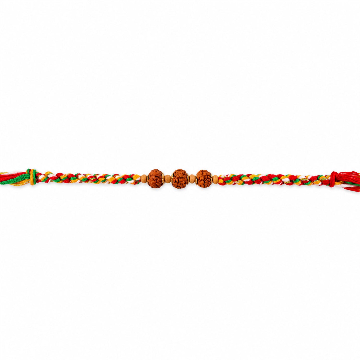 Rudraksha Style Devotional Rakhi with Braided Red Green Yellow Thread and Wooden Beads