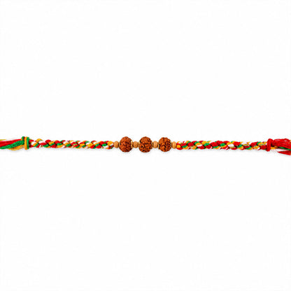 Rudraksha Style Devotional Rakhi with Braided Red Green Yellow Thread and Wooden Beads