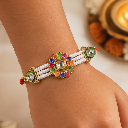 Multicolor Pearl Floral Rakhi with Jewel Center and Bright Festive Gifting Elegance